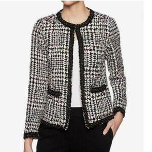Magaschoni Tweed Houndstooth Fringe Eye Eyelash Blazer Size 2 Preppy Devil Wears
